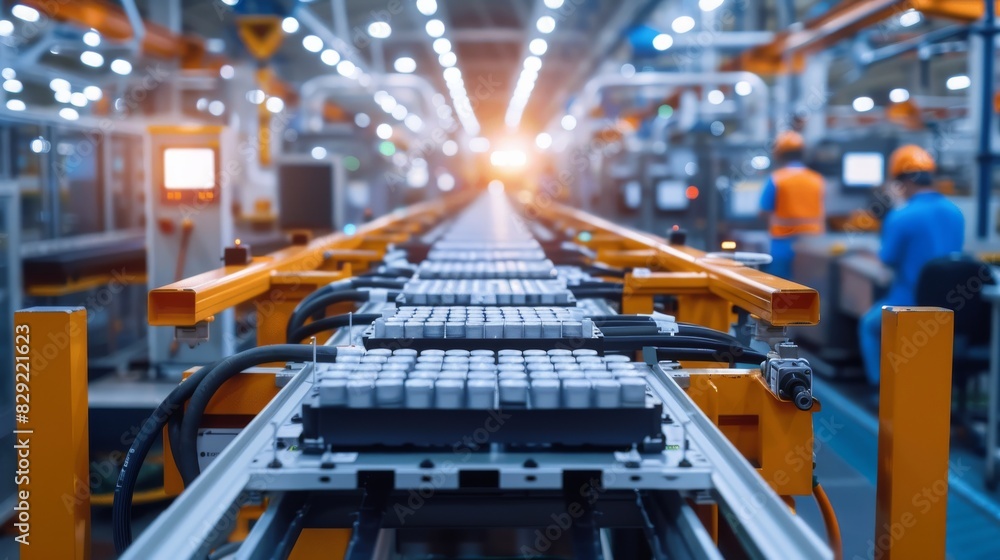 an electric vehicle production line, showcasing rows of battery cells on an assembly belt in a modern factory hall. technology and innovation concept an electric vehicle production line, showcasing rows of battery cells on an assembly belt in a modern factory hall. technology and innovation concept