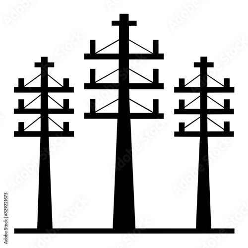 Electric pole. Power lines. Energy pylons vector silhouette, black color illustration