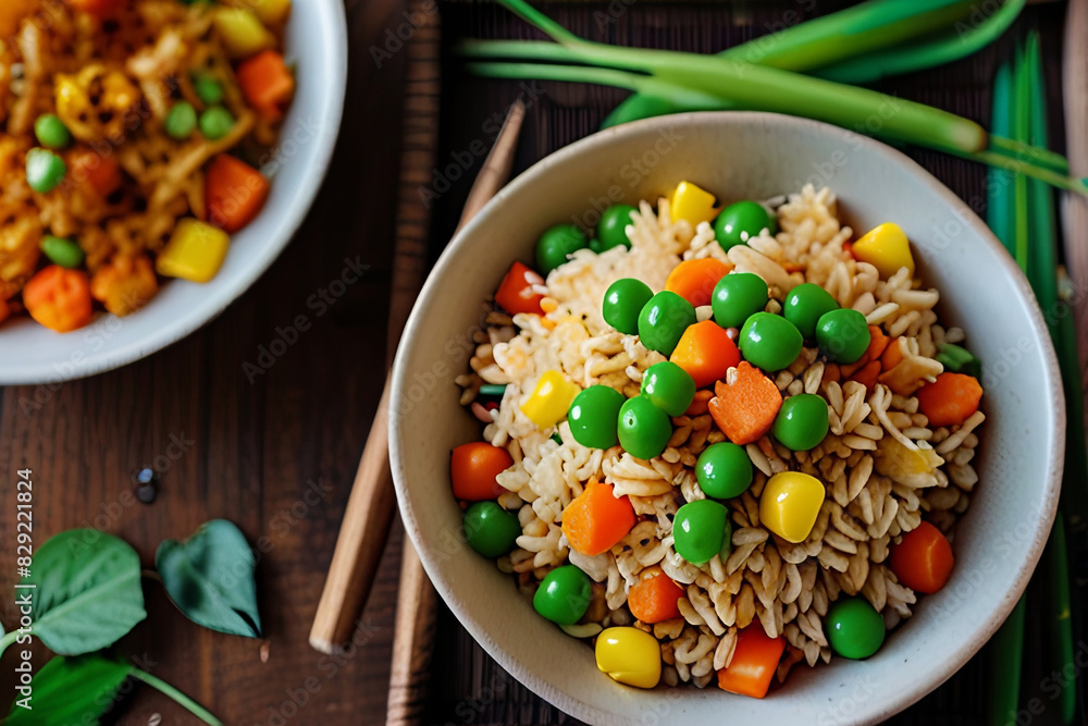 Fried rice with green peas, carrots, and corn. A colorful, vegetarian, and healthy dish, perfect for nutritious meal themes. Fried rice with green peas, carrots, and corn. A colorful, vegetarian, and healthy dish, perfect for nutritious meal themes.