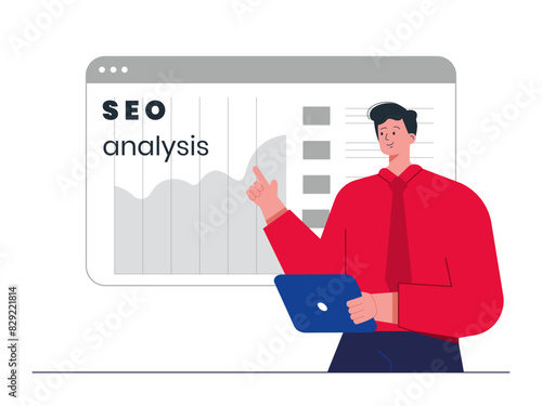 Businessman presenting SEO data analysis. SEO vector illustration