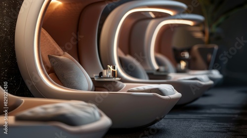 A row of luxurious air taxi lounges feature plush seating private pods for relaxation and ondemand refreshments for passengers to enjoy before their flight. photo