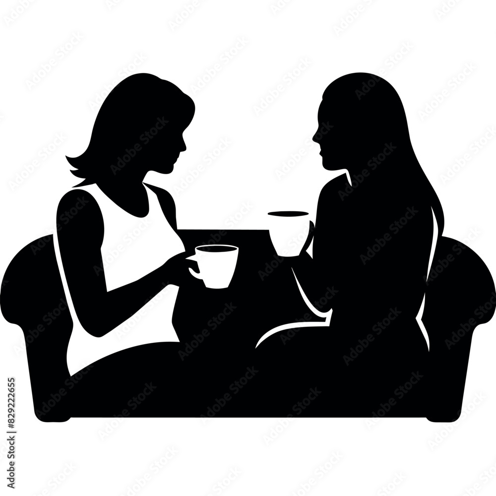 Two woman are gossip sitting on the sofa and drink coffee vector silhouette, enjoy the moment vector Two woman are gossip sitting on the sofa and drink coffee vector silhouette, enjoy the moment vector