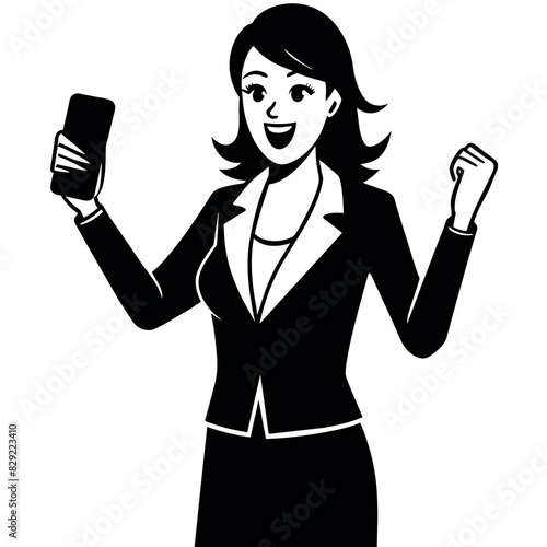 A woman holding a mobile phone and get excited offer, now she is very excited, enjoy the moment vector silhouette