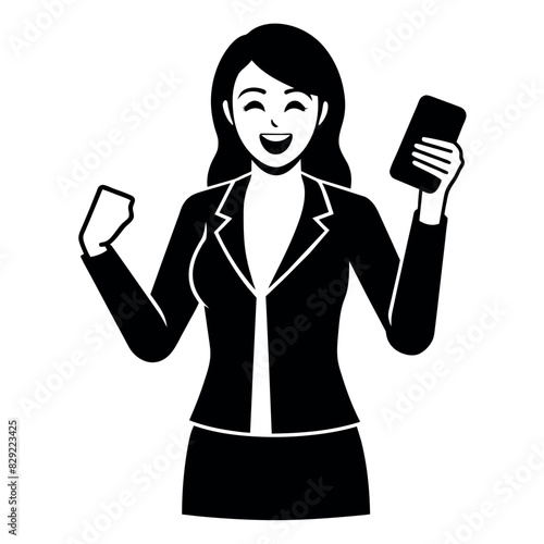 A woman holding a mobile phone and get excited offer, now she is very excited, enjoy the moment vector silhouette