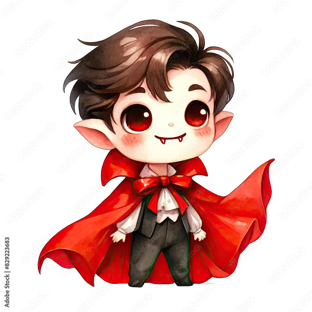 cute Vampire with a red cape and fangs on  white background