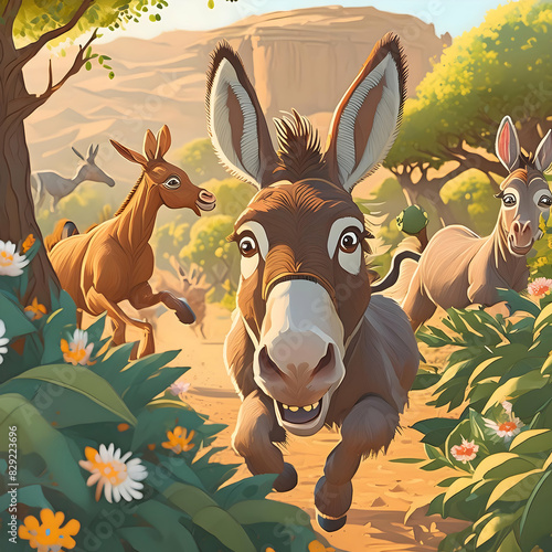  a scene where a donkey is playing pranks on other animals, such as hiding behind a bush and jumping out to surprise them, with lighthearted humor
