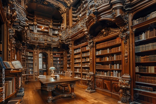 Elegant vintage library with open books and ornate woodwork, a haven for passionate readers and scholars photo