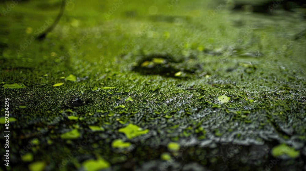Close up photograph of a swamp pond surface covered in duckweed Close up photograph of a swamp pond surface covered in duckweed