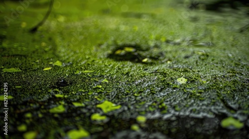 Close up photograph of a swamp pond surface covered in duckweed