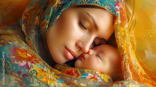 Illustration of a graceful woman with a baby wrapped in a cozy blanket, vibrant colors, high quality details.