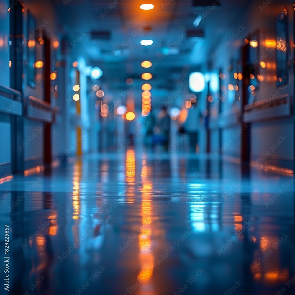 A blurred hospital corridor background with nurses and doctors walking in the distance. A blurred hospital corridor background with nurses and doctors walking in the distance.