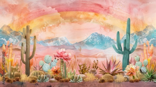 Vibrant Wildlife themed Wallpaper Mural for Children s Room Featuring Rainbow Desert Plants and Sky Elements