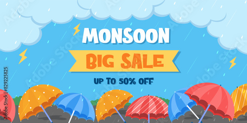 Colorful umbrellas monsoon season background, Monsoon Sale Poster. Monsoon Sale banner. Discount, Offers. monsoon season background. Vector illustration.