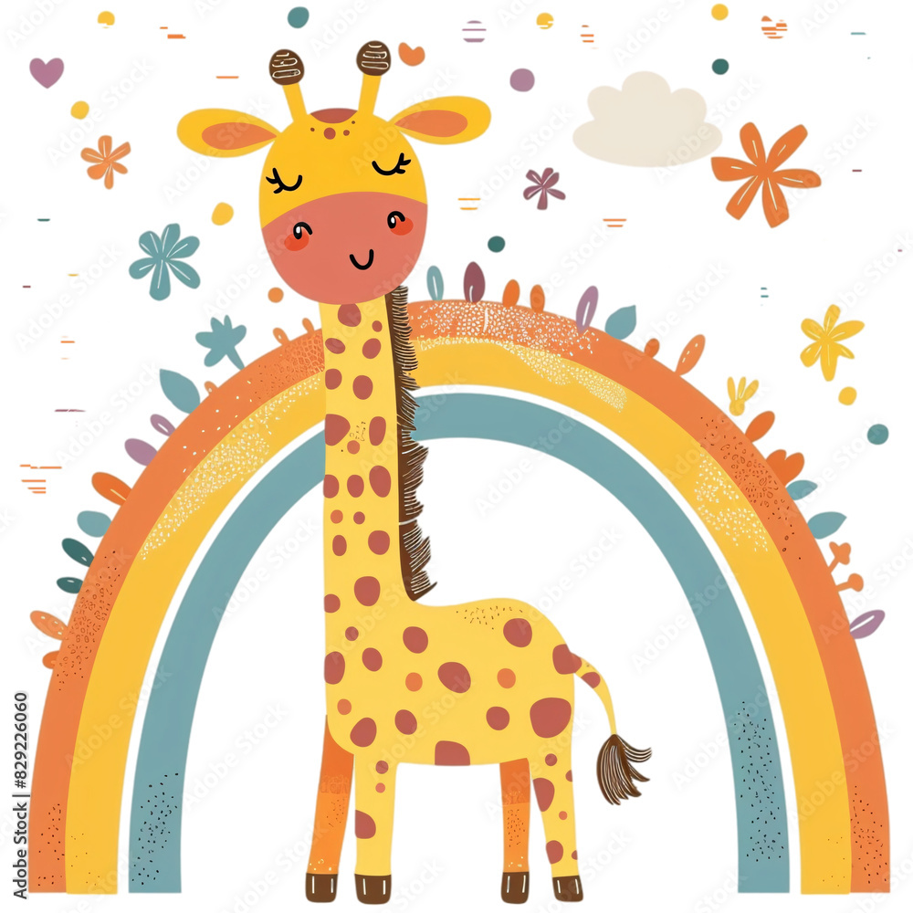 A sweet cartoon giraffe with a long neck and spots stands under a bright rainbow on a transparent background. The whimsical and friendly design is ideal for children's room decor and fun,clip art A sweet cartoon giraffe with a long neck and spots stands under a bright rainbow on a transparent background. The whimsical and friendly design is ideal for children's room decor and fun,clip art