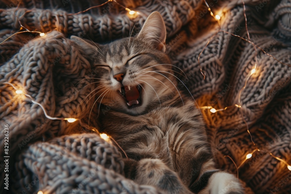 Cat lounges on cozy sweater on sofa with twinkling lights Weekend vibes Cat lounges on cozy sweater on sofa with twinkling lights Weekend vibes
