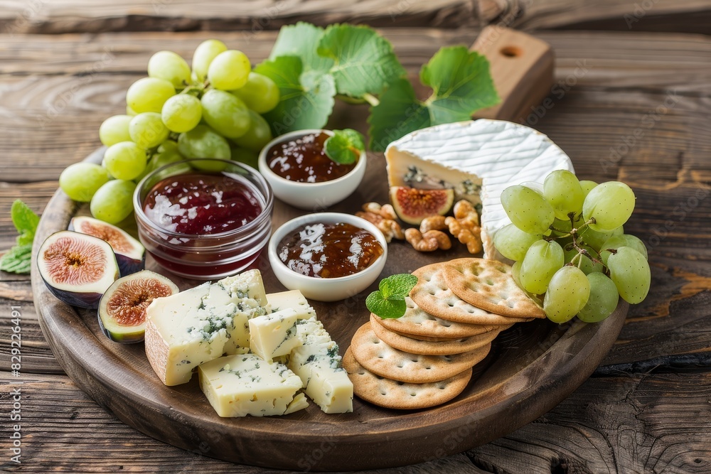Charcuterie board with assorted fruits nuts and crackers on wood backdrop
