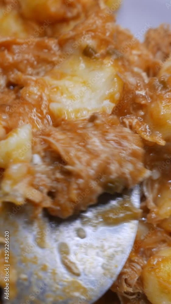POV of a person eating Gnocchi with a spoon. Details of a chicken Gnocchi. A hot Gnocchi plate on the table. A close-up shot of a juicy Gnocchi sauce. POV of a person eating Gnocchi with a spoon. Details of a chicken Gnocchi. A hot Gnocchi plate on the table. A close-up shot of a juicy Gnocchi sauce.