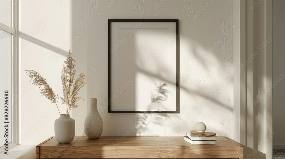 A pleasant white background of a home is juxtaposed with a black poster frame mockup and accessories. A pleasant white background of a home is juxtaposed with a black poster frame mockup and accessories.