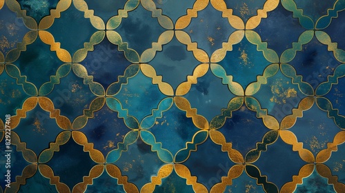 Pattern design, symmetrical repeating pattern design in rich shades of emerald blue and gold.