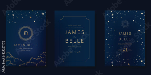 Navy Blue Luxury Wedding Invitation, start invite thank you, rsvp modern card Design in Night sky with  little star moon sun and space decorative Vector elegant rustic template