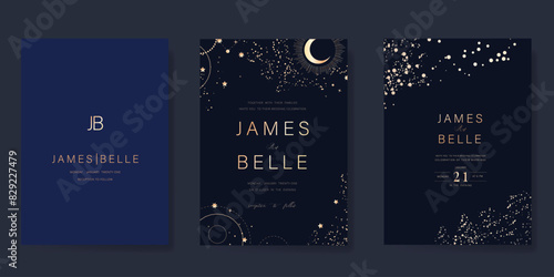 Navy Blue Luxury Wedding Invitation, start invite thank you, rsvp modern card Design in Night sky with  little star moon sun and space decorative Vector elegant rustic template