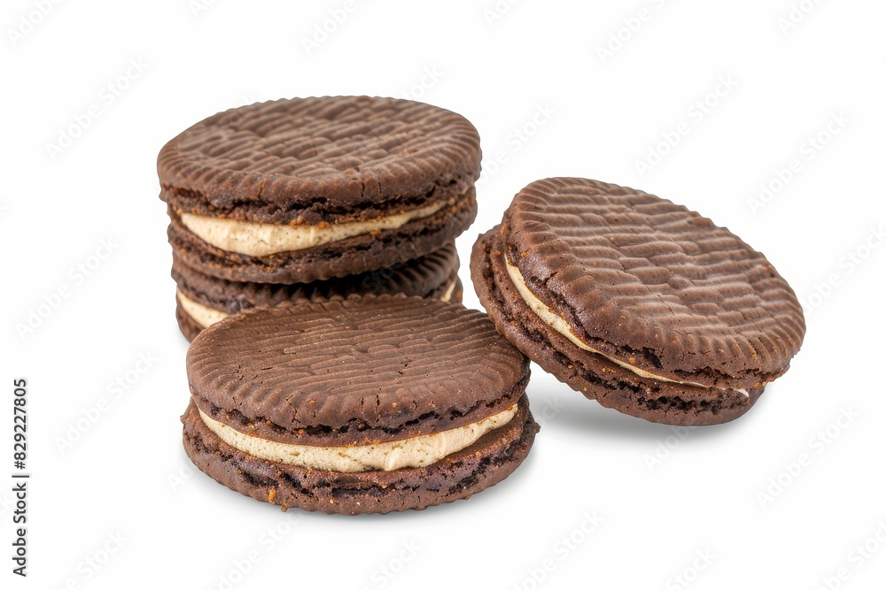 Chocolate sandwich cookies with milk cream filling isolated on white background Chocolate sandwich cookies with milk cream filling isolated on white background