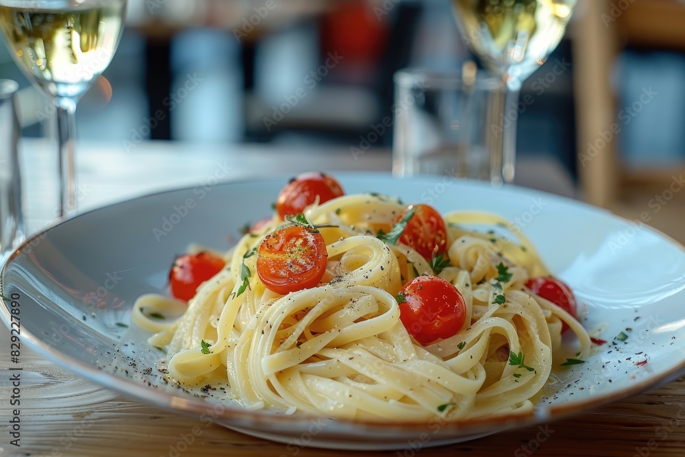 Delicious Italian Pasta Dish with Cherry Tomatoes and Wine in Elegant Restaurant Setting Delicious Italian Pasta Dish with Cherry Tomatoes and Wine in Elegant Restaurant Setting
