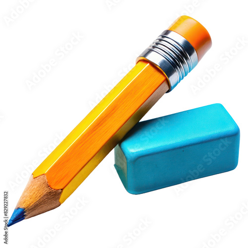 School items.Pecil and ereaser in bright colours. White background.School school in vibrant colours. Generated by AI.Back to school concept.