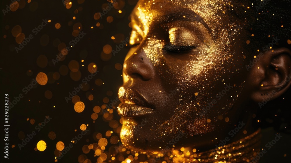 Golden Glitter Portrait of Woman with Dramatic Lighting in Studio Setting Golden Glitter Portrait of Woman with Dramatic Lighting in Studio Setting
