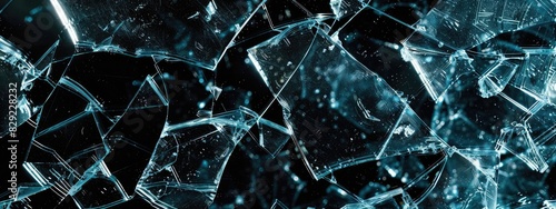 Close-Up of Shattered Glass Pieces Against Black Background Highlighting Fragility and Destruction photo