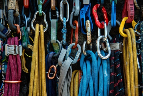 Climbing equipment carabiners ropes shoes photo