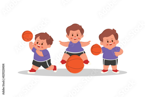 cartoon illustration set of children playing basketball .characters exercising with a team concept