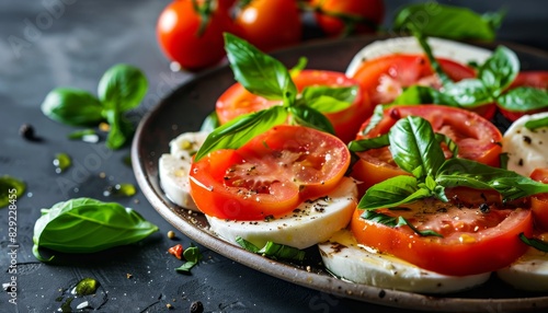 Close up of a healthy caprese salad featuring tomatoes mozzarella and basil on a dark background photo