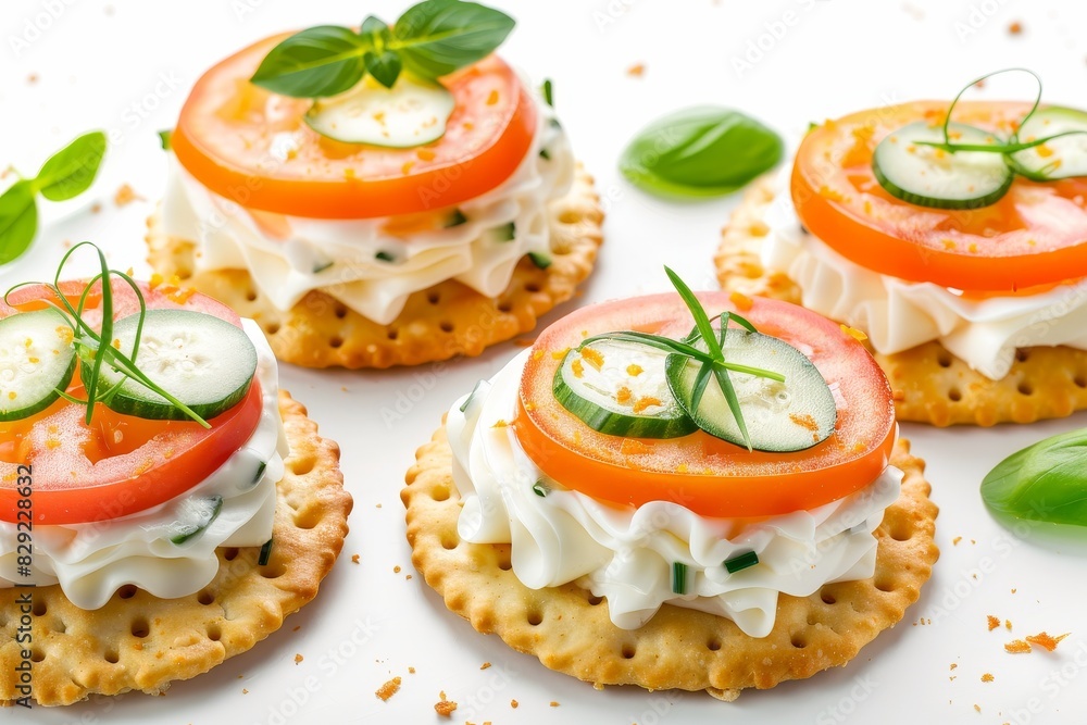 Close up of appetizer with cream cheese and vegetables on crackers isolated on white background Close up of appetizer with cream cheese and vegetables on crackers isolated on white background