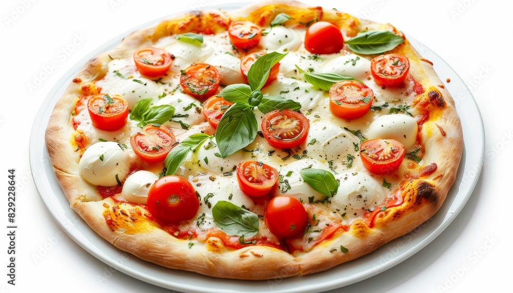 Close up of authentic Italian pizza Margherita with cherry tomatoes mozzarella cheese isolated on white background Close up of authentic Italian pizza Margherita with cherry tomatoes mozzarella cheese isolated on white background