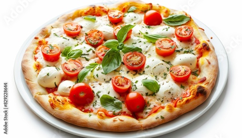Close up of authentic Italian pizza Margherita with cherry tomatoes mozzarella cheese isolated on white background