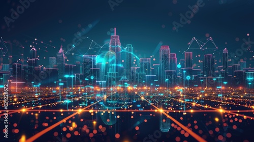 Futuristic City Skyline with Digital Network Overlay and Glowing Lights at Night