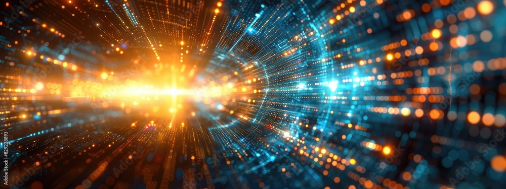 Abstract Glowing Digital Data Tunnel with Blue and Orange Light Streaks Abstract Glowing Digital Data Tunnel with Blue and Orange Light Streaks