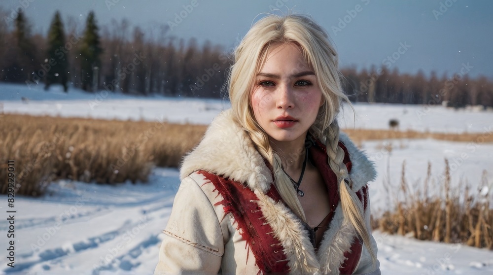 Beautiful Young Woman with Blonde Hair and Blue Eyes in a Snowy Forest Beautiful Young Woman with Blonde Hair and Blue Eyes in a Snowy Forest