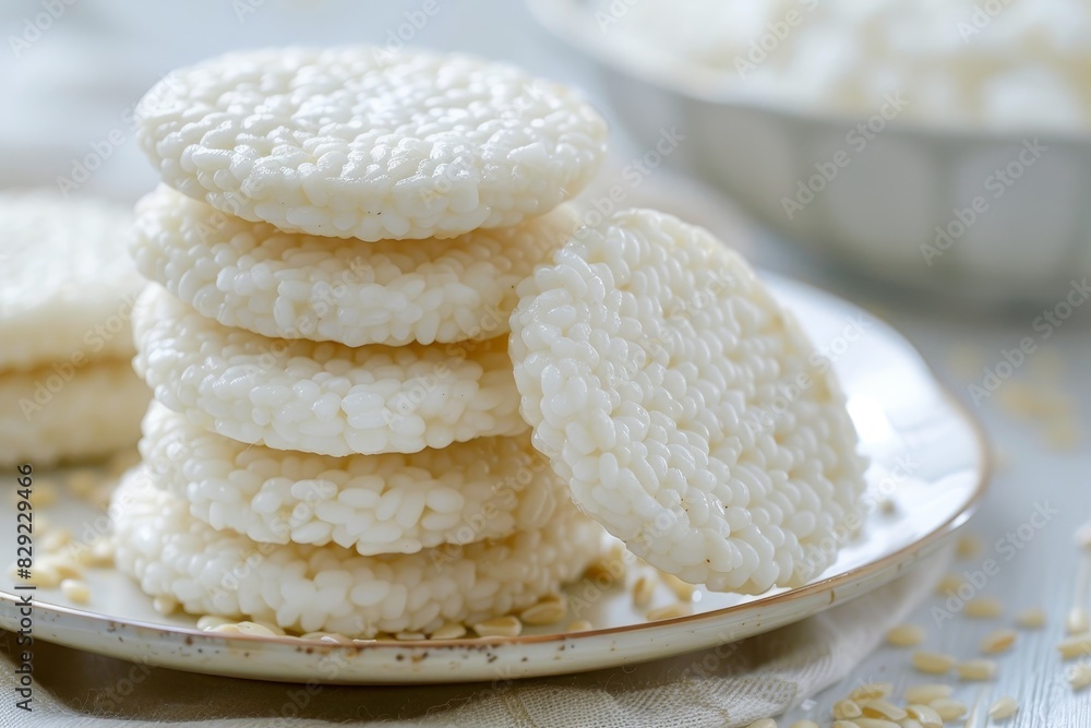 Close up of rice cakes on white table next to plate of rice Healthy diet snack Close up of rice cakes on white table next to plate of rice Healthy diet snack