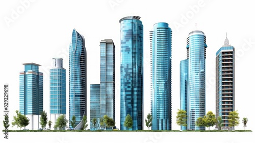 A Row Of Modern Skyscrapers Made Of Reflective Glass And Steel With Green Trees In Front Of Them.