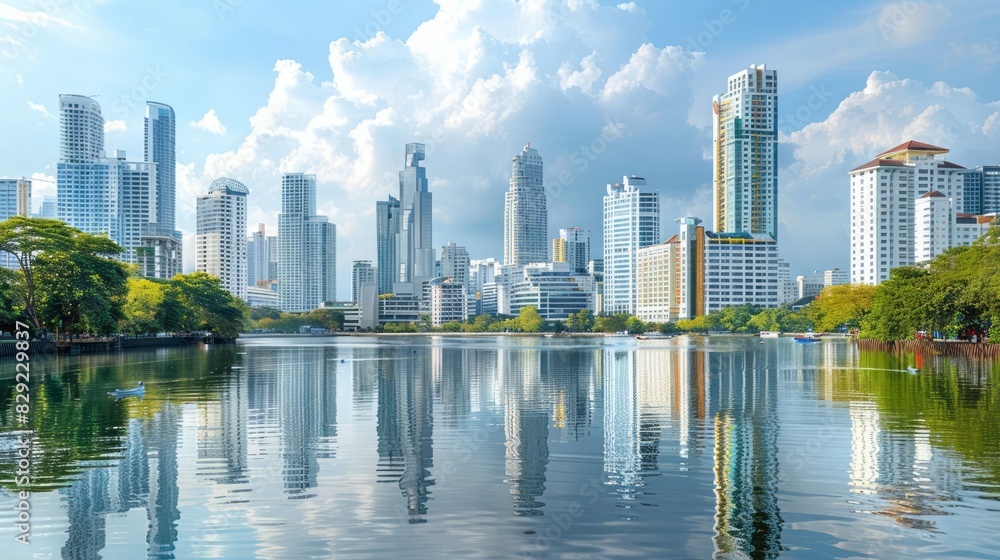 Obraz premium A Beautiful Cityscape Image Of Bangkok, Thailand Featuring Modern Skyscrapers And A Peaceful Lake Reflecting The Urban Landscape.