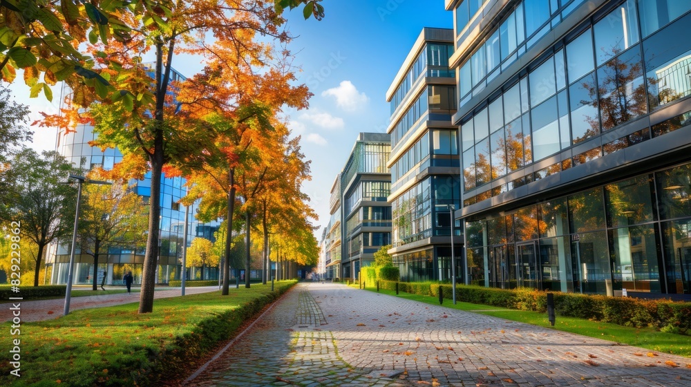 A Tree-Lined Path In An Urban Park In The Fall Season.