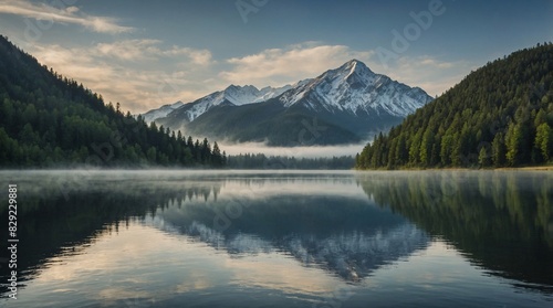 A serene landscape with misty mountains and a tranquil lake