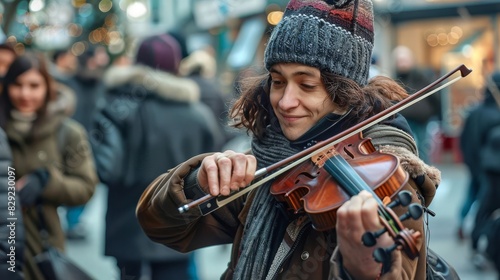 street musician playing violin busking in public candid photography photo