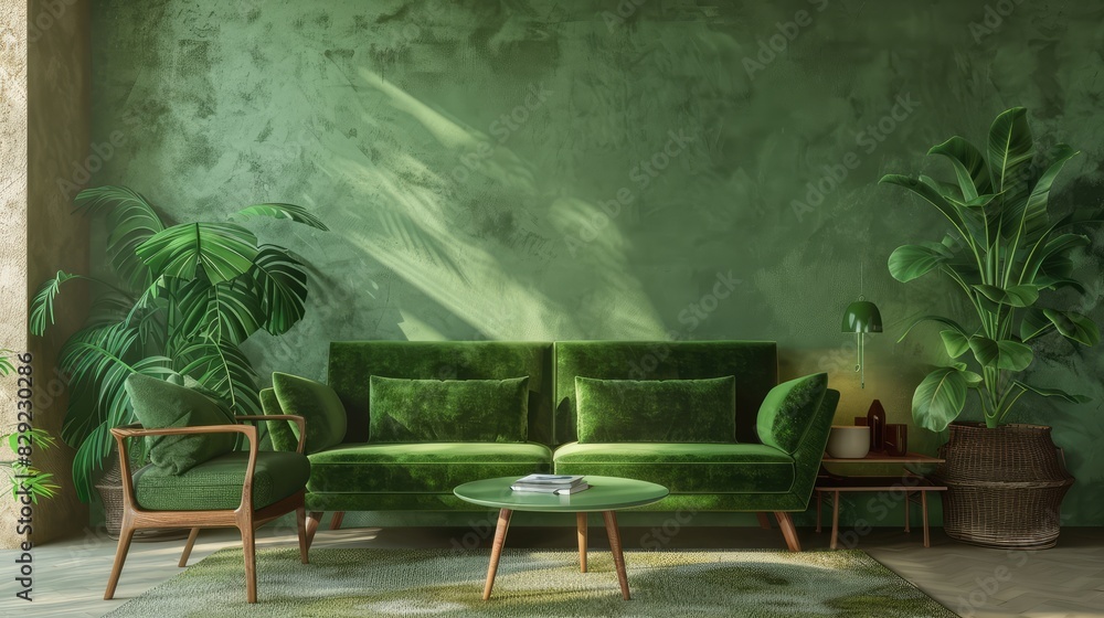 Green decorations and furniture in the living area set against a clear background.3D picture. Green decorations and furniture in the living area set against a clear background.3D picture.