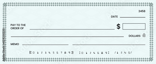 Blank bank check, checkbook cheque template or money payment paper voucher, vector mockup. Business or personal account cash pay cheque certificate or paycheck coupon from checkbook	