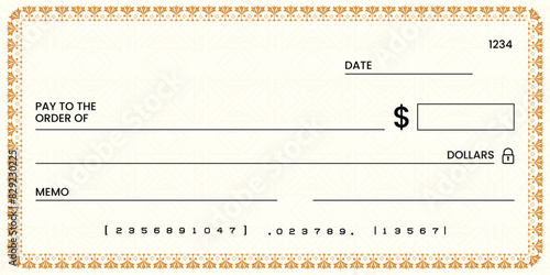 Blank bank check, checkbook cheque template or money payment paper voucher, vector mockup. Business or personal account cash pay cheque certificate or paycheck coupon from checkbook 