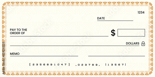 Blank bank check, checkbook cheque template or money payment paper voucher, vector mockup. Business or personal account cash pay cheque certificate or paycheck coupon from checkbook	