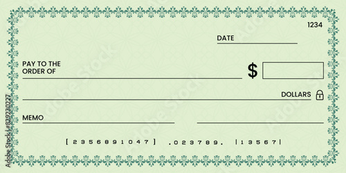 Blank bank check, checkbook cheque template or money payment paper voucher, vector mockup. Business or personal account cash pay cheque certificate or paycheck coupon from checkbook	